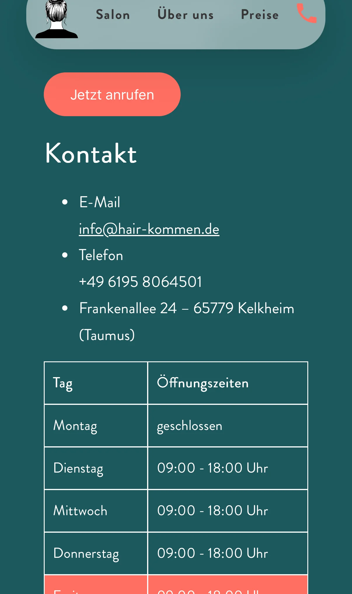 Hair-kommen mobile — footer, contact, opening hours