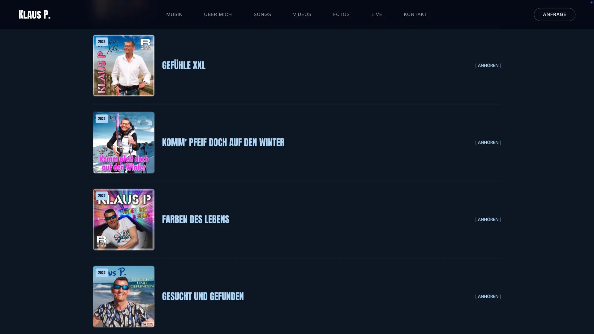 Songs-Liste der Klaus P. Website — Track-Karten — Webdesign 2024 Carsten Sachse