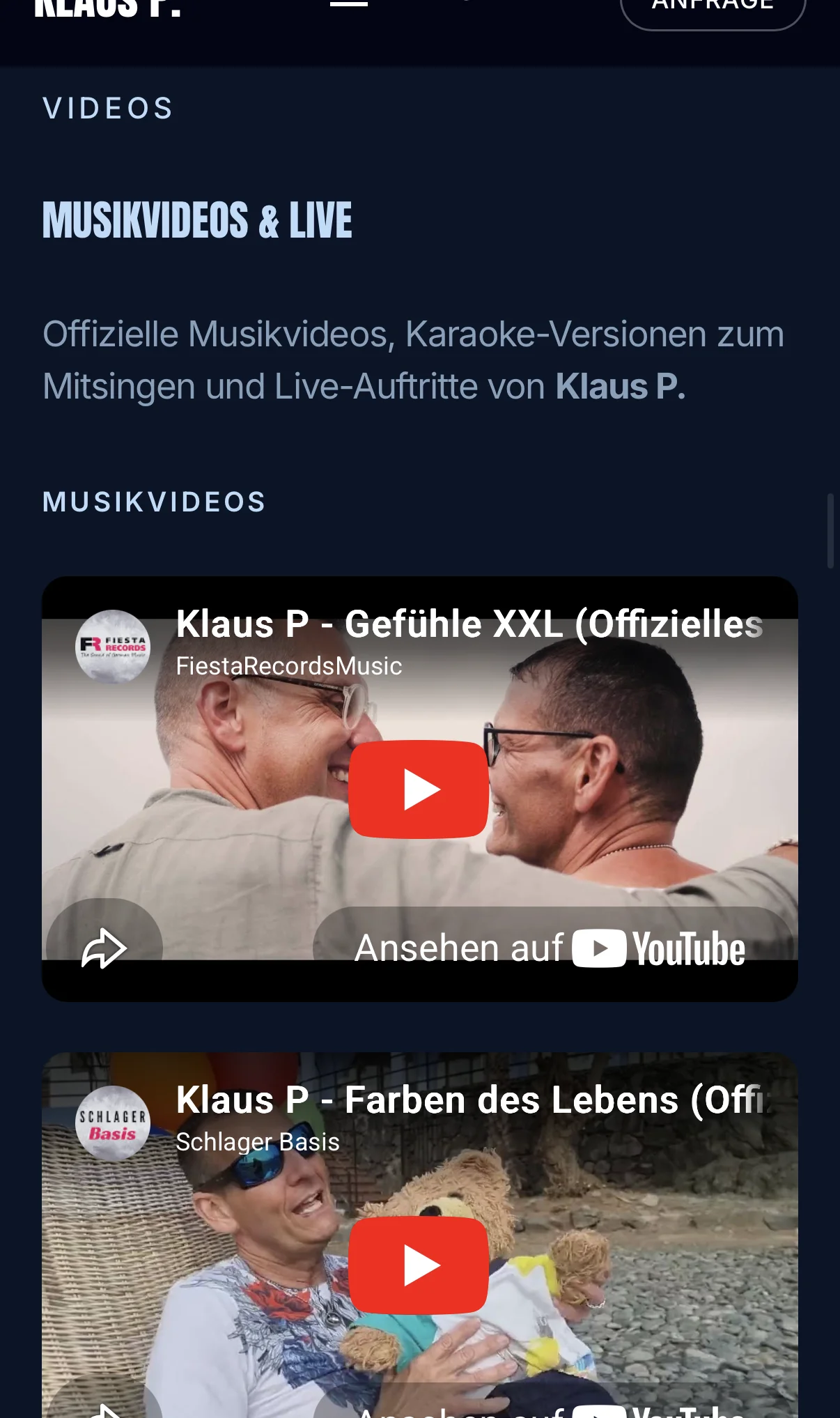 Mobile-Ansicht der Klaus P. Videos-Section auf iPhone — Webdesign 2024 Carsten Sachse