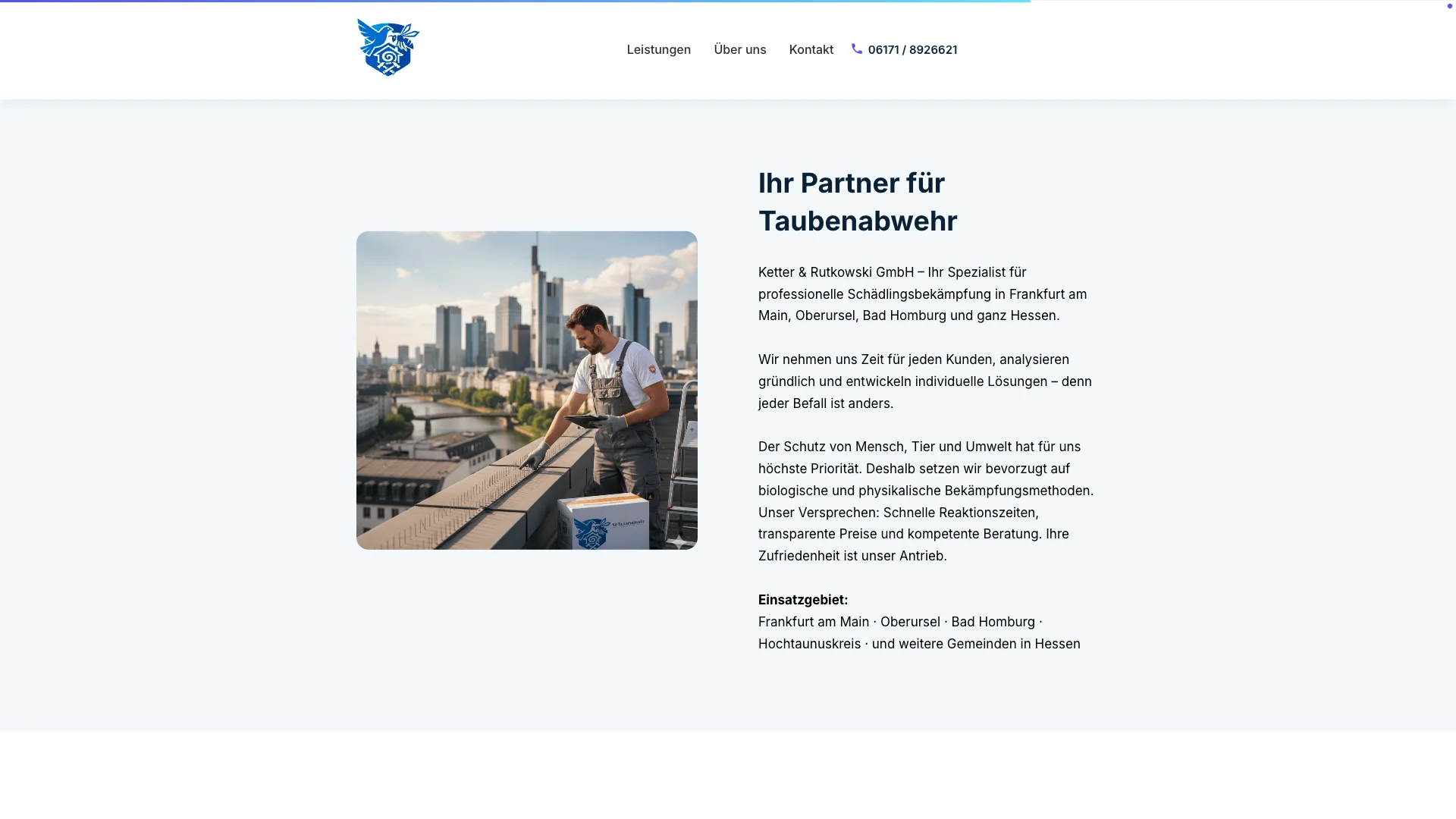 Ueber-uns-Sektion der KR Taubenabwehr Website — Mitarbeiter-Foto mit Skyline — Webdesign 2024 Carsten Sachse