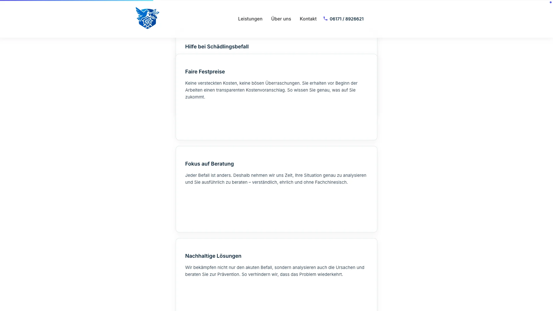 Vorteile-Karten der KR Taubenabwehr Website — Festpreise, Beratung, Nachhaltige Lösungen