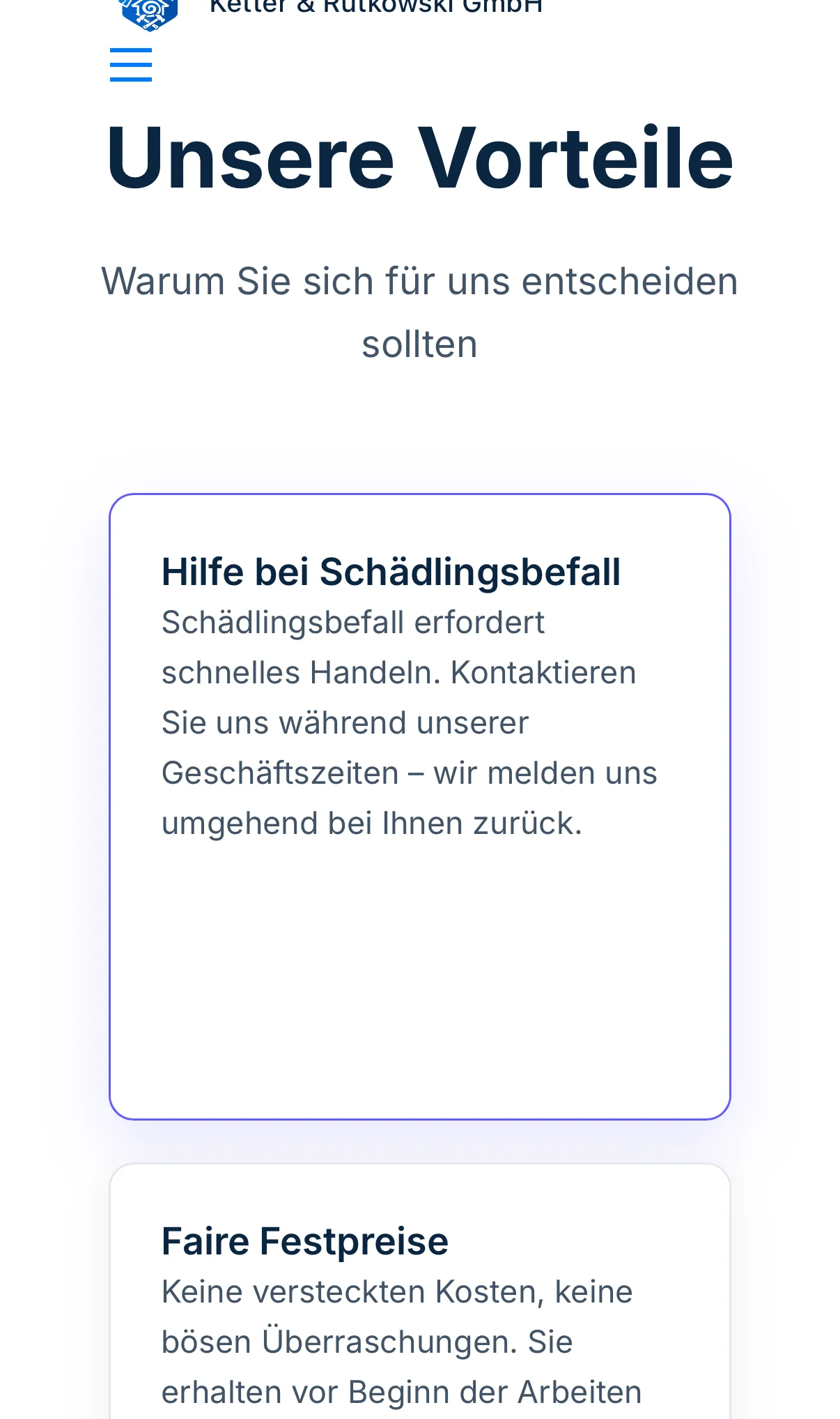 Mobile-Ansicht der KR Taubenabwehr Vorteile-Section auf iPhone — Webdesign 2024 Carsten Sachse