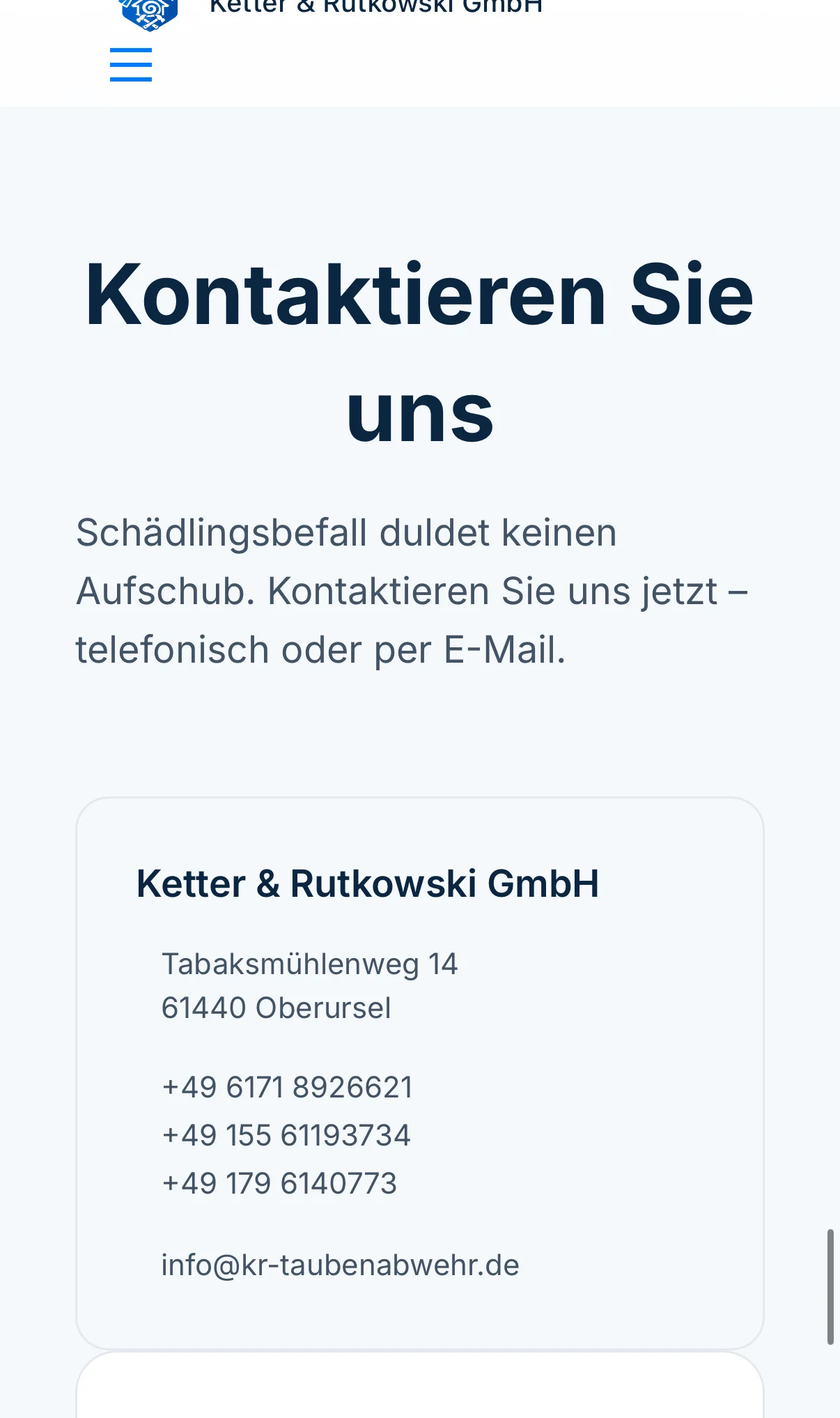 Kr Taubenabwehr Mobile — contact footer