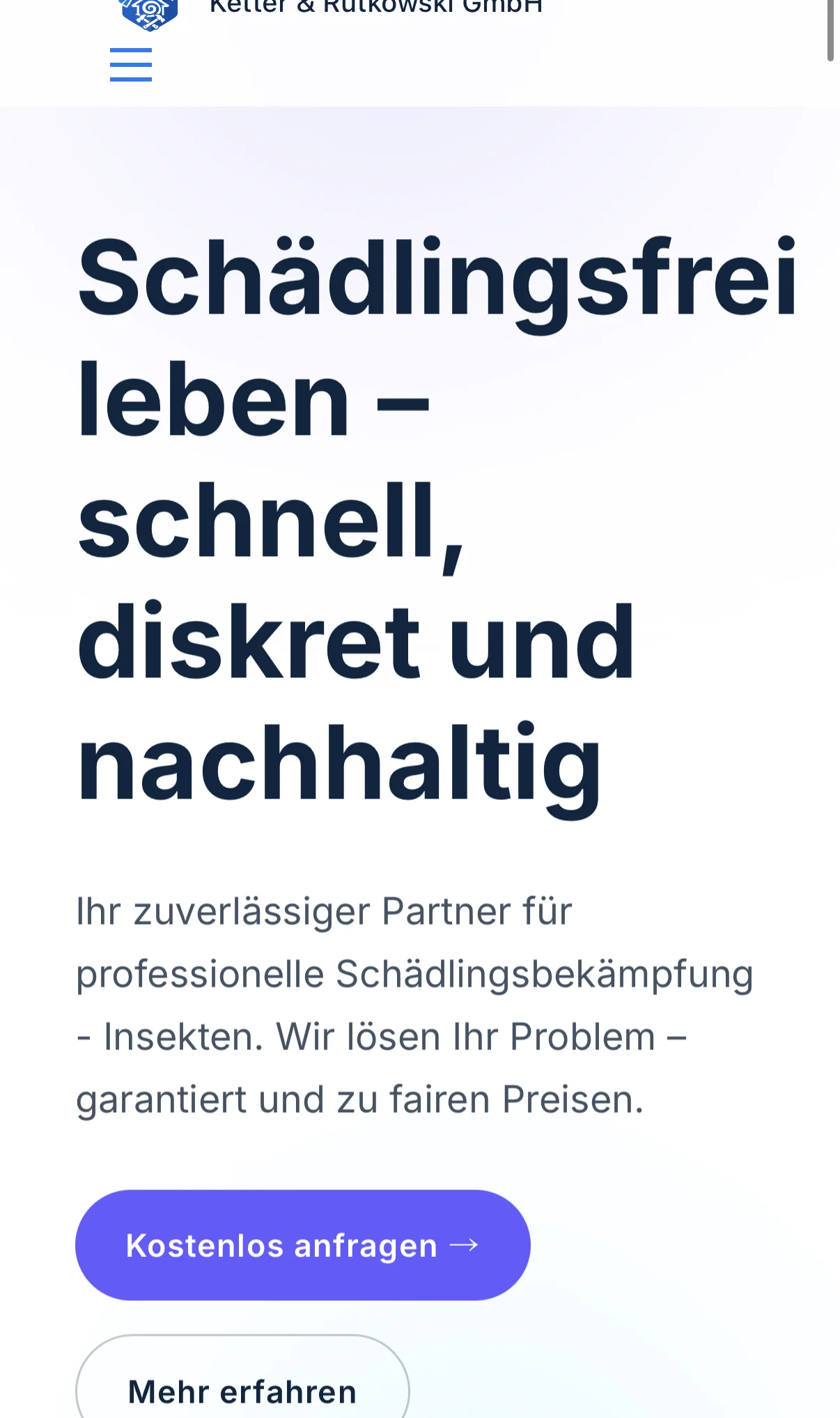 Mobile-Ansicht der KR Taubenabwehr Hero-Section auf iPhone — Webdesign 2024 Carsten Sachse