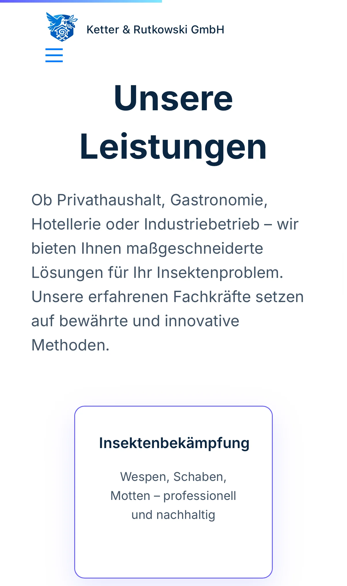 Mobile-Ansicht der KR Taubenabwehr Leistungen-Section auf iPhone — Webdesign 2024 Carsten Sachse