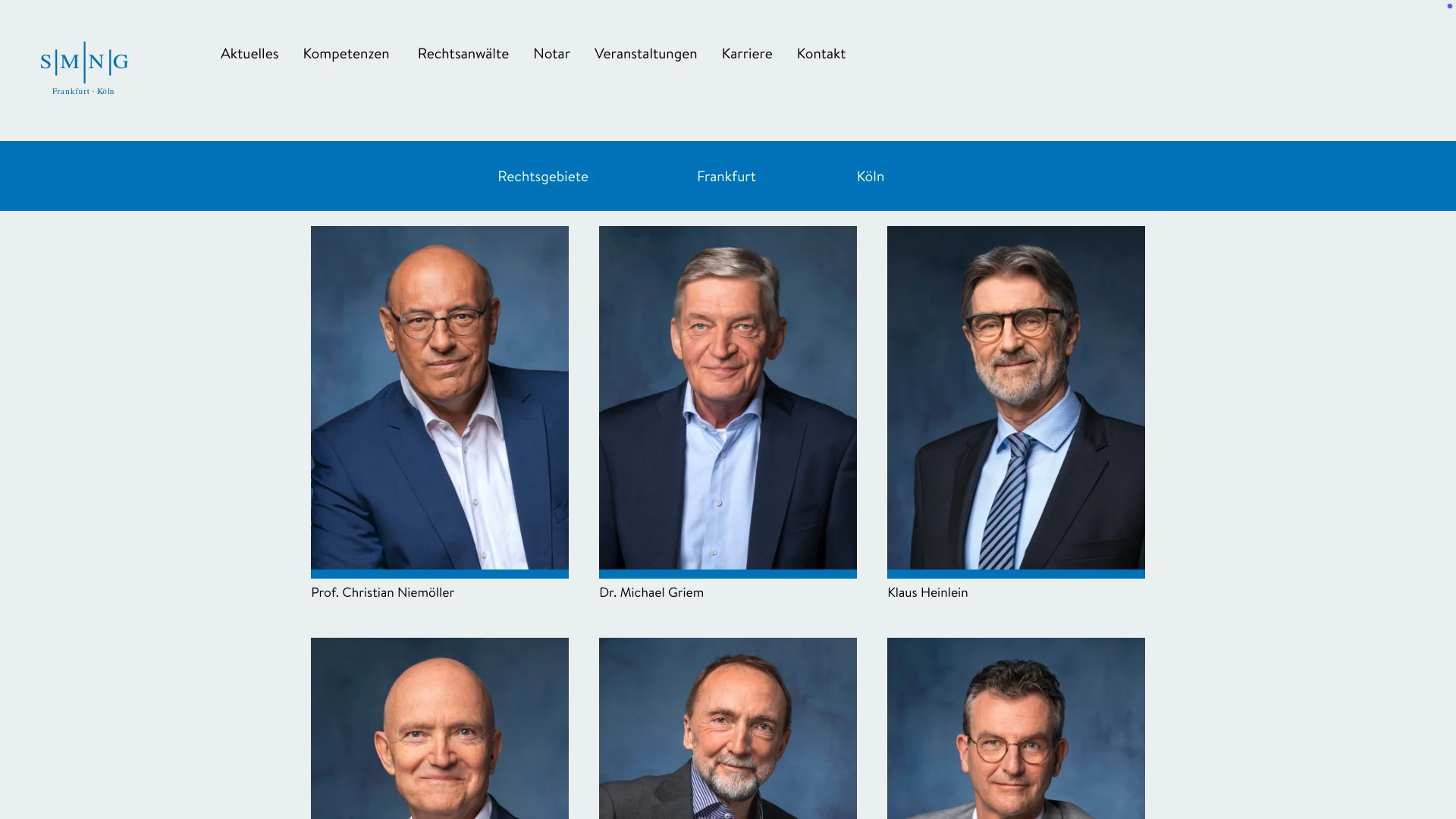 Rechtsanwälte-Übersicht der SMNG Website — Team-Portraits Kanzlei Frankfurt Köln