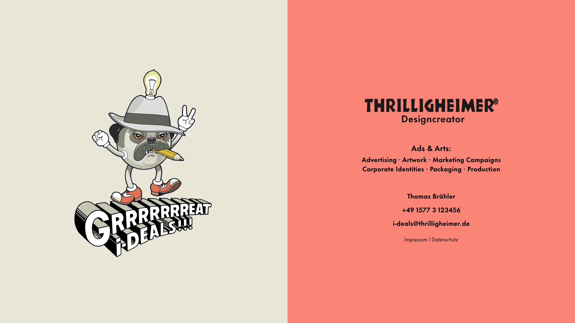 Thrilligheimer Hero — pug illustration + GRRRRREAT i-DEALS! in coral-orange