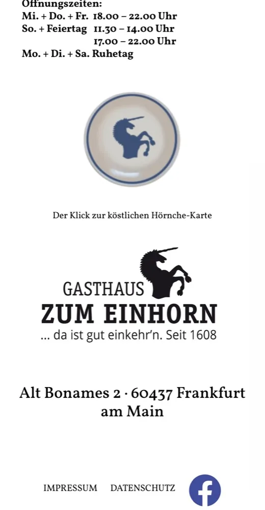 Website Gasthaus zum Einhorn — mobile Ansicht mit Öffnungszeiten