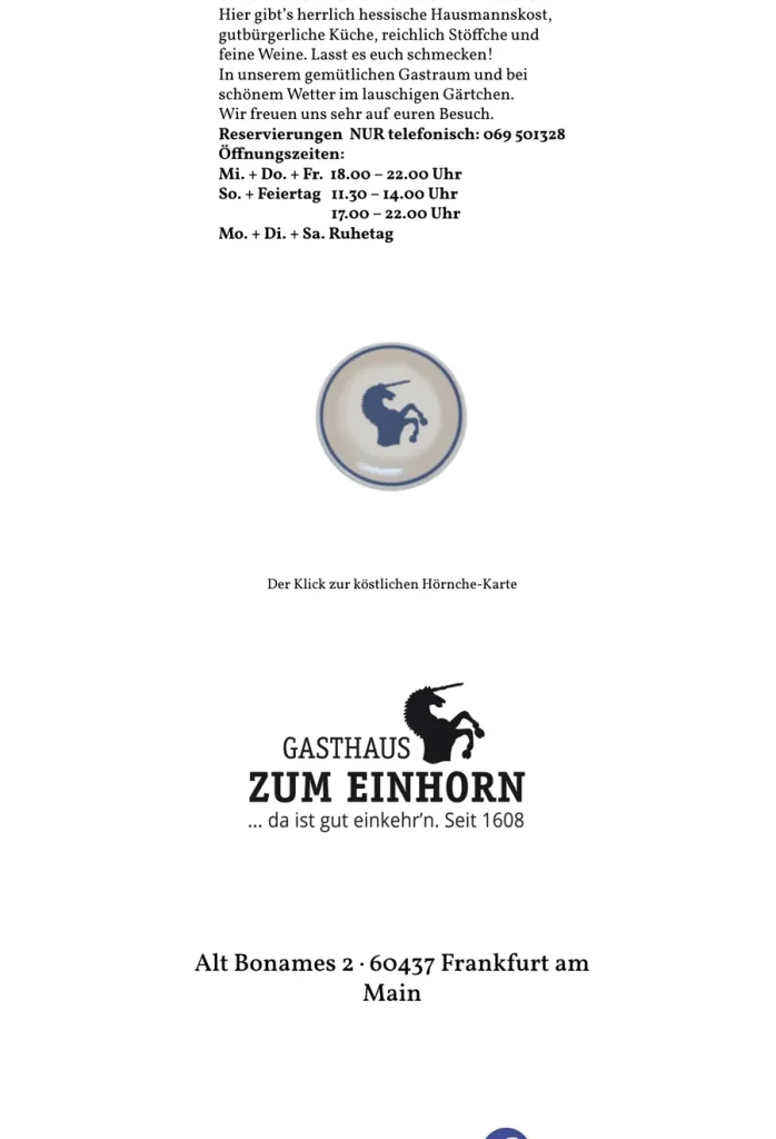 Website Gasthaus zum Einhorn — Inhaltsspalte mit Logo, Öffnungszeiten und Adresse