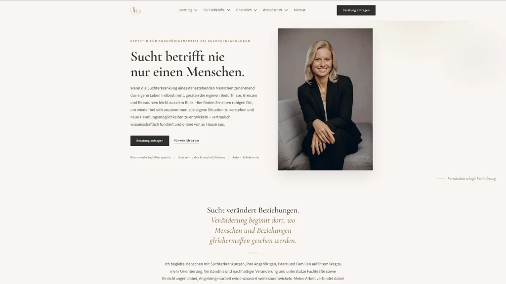 Home page of dr-larissa-hornig.de with portrait and the headline “Addiction never affects just one person”
