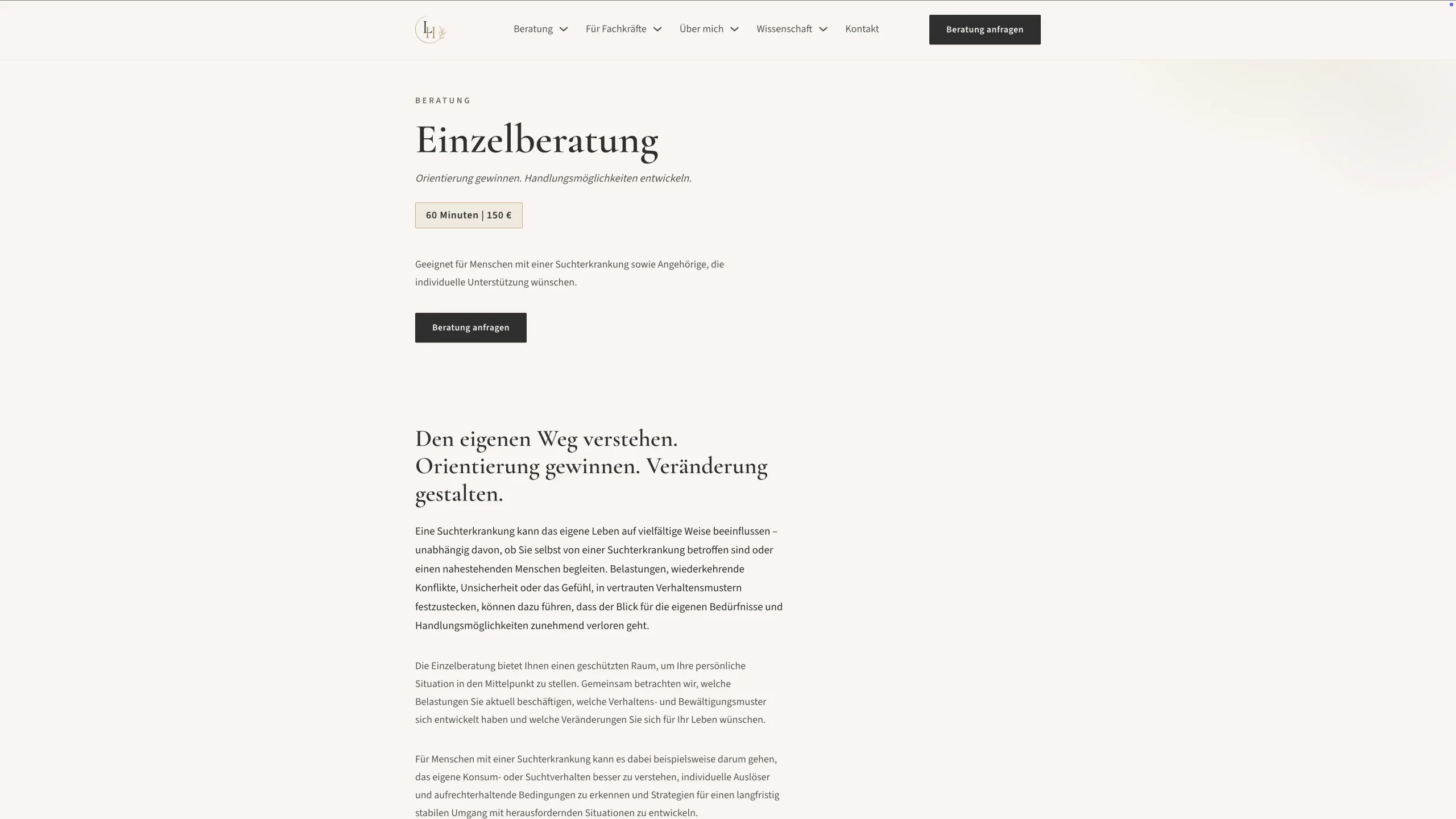 One-to-one counselling page with the fee pill “60 minutes | €150”